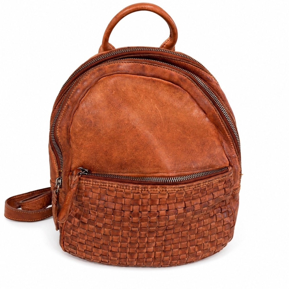 Vilenca Holland Tan Leather Woven Backpack Handbag Vintage Style Boho Womens